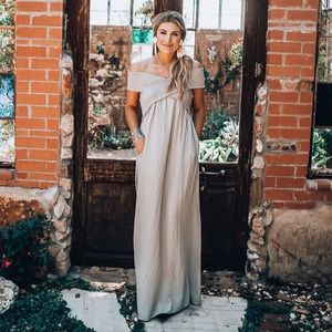 VICI OFF SHOULDER MAXI DRESS - crisscross smock, taupe, tan, empire waist